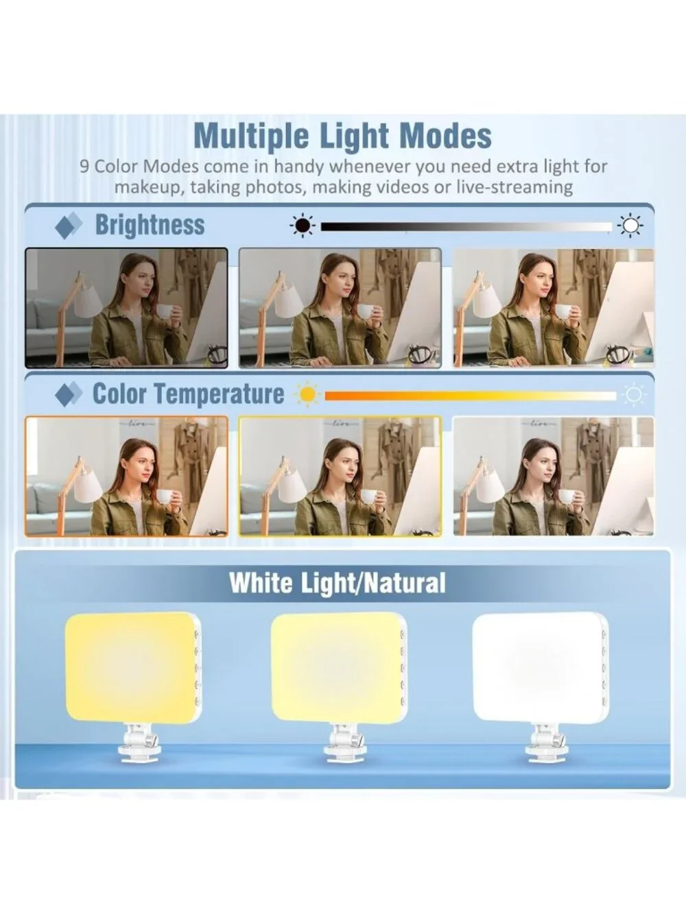 60 LED Portable Selfie Light with Clip & Tripod - Rechargeable, 9 Modes for